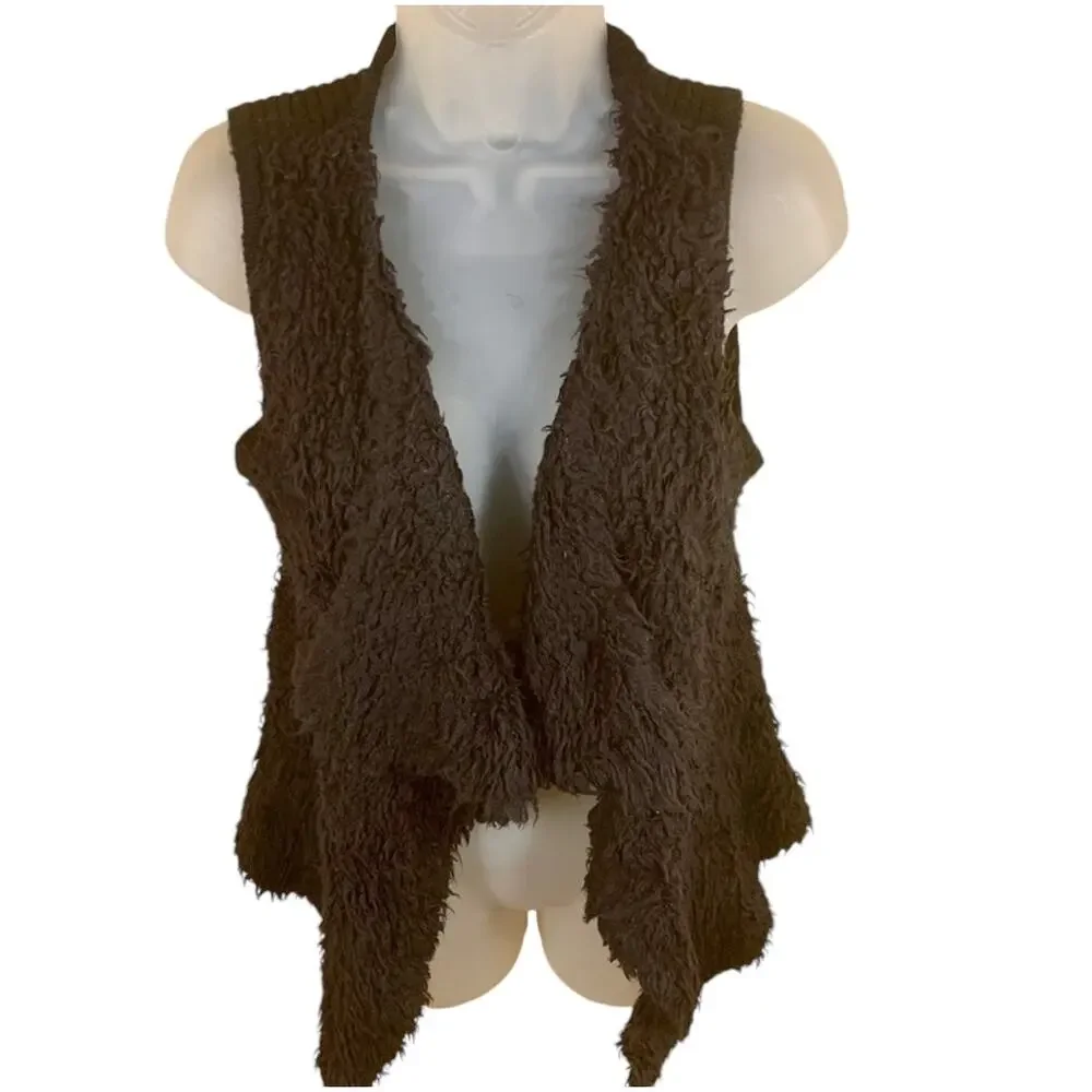 Kensie Boho Black Open Front Vest Sz XS Knit Shag Drape Layered VTG Hippie 70s